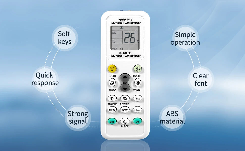 Universal K-1028E Air Conditioner Remote Control for Haier, Hitachi, Panasonic, LG, Sharp, Gree, Midea and other brands