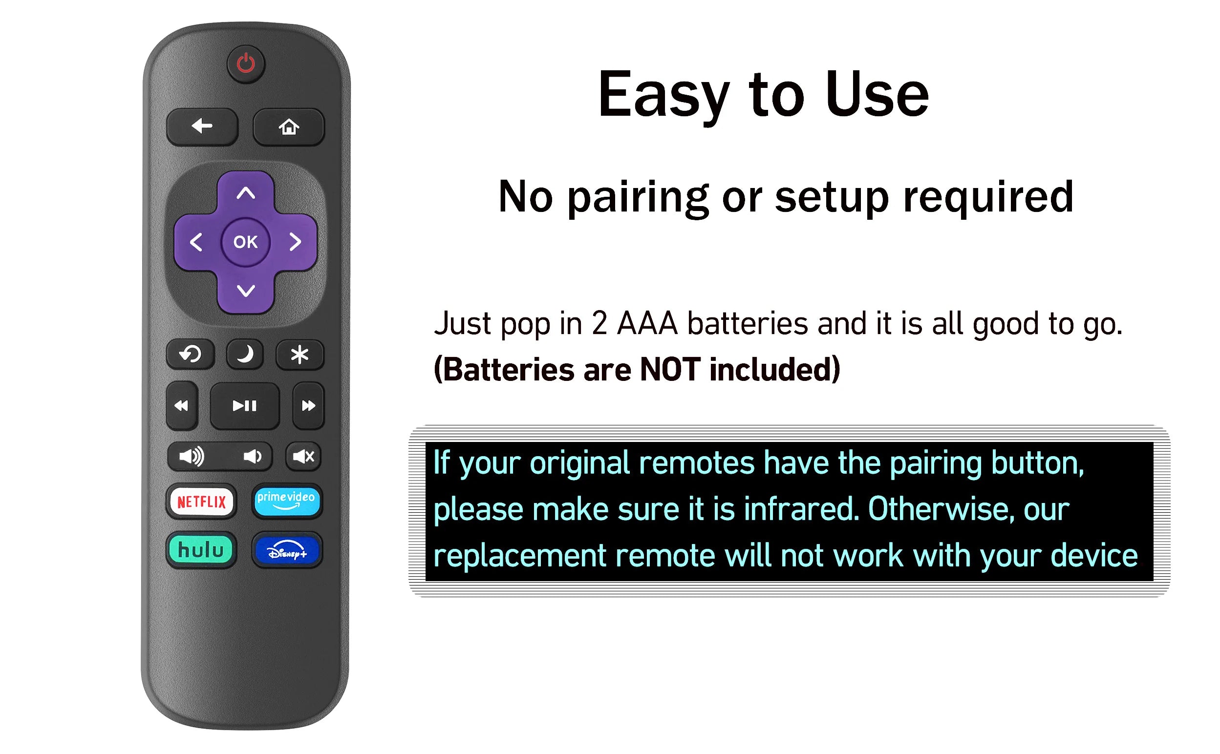 Replacement TV Remote Controls for Roku TV, Infrared Remote ONLY for TV, NOT for Other Roku Devices