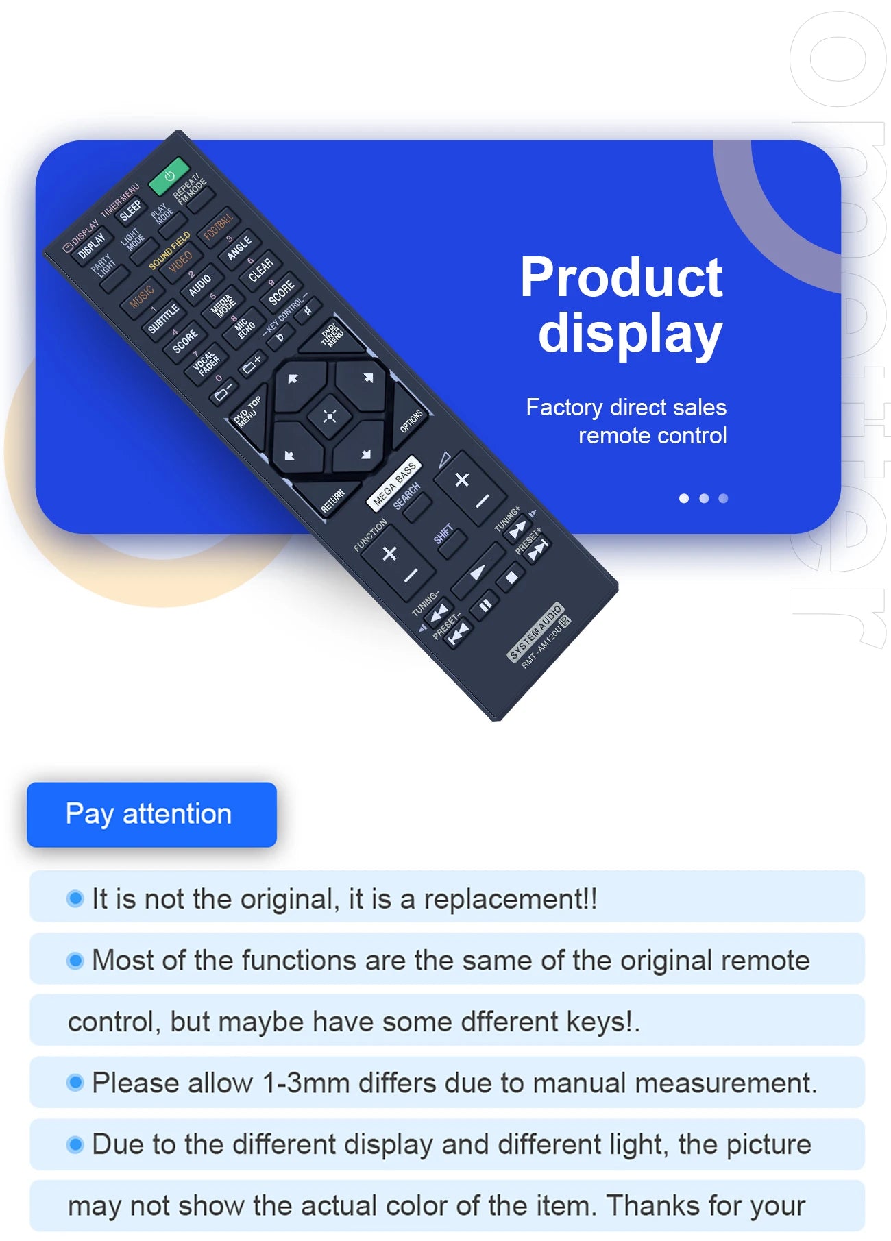 NEW RMT-AM120U Remote Control for Sony System Audio Replacement for HCDGT3D HCDSHAKEX1 HCDSHAKEX3 HCDSHAKEX7 MHCGT3D