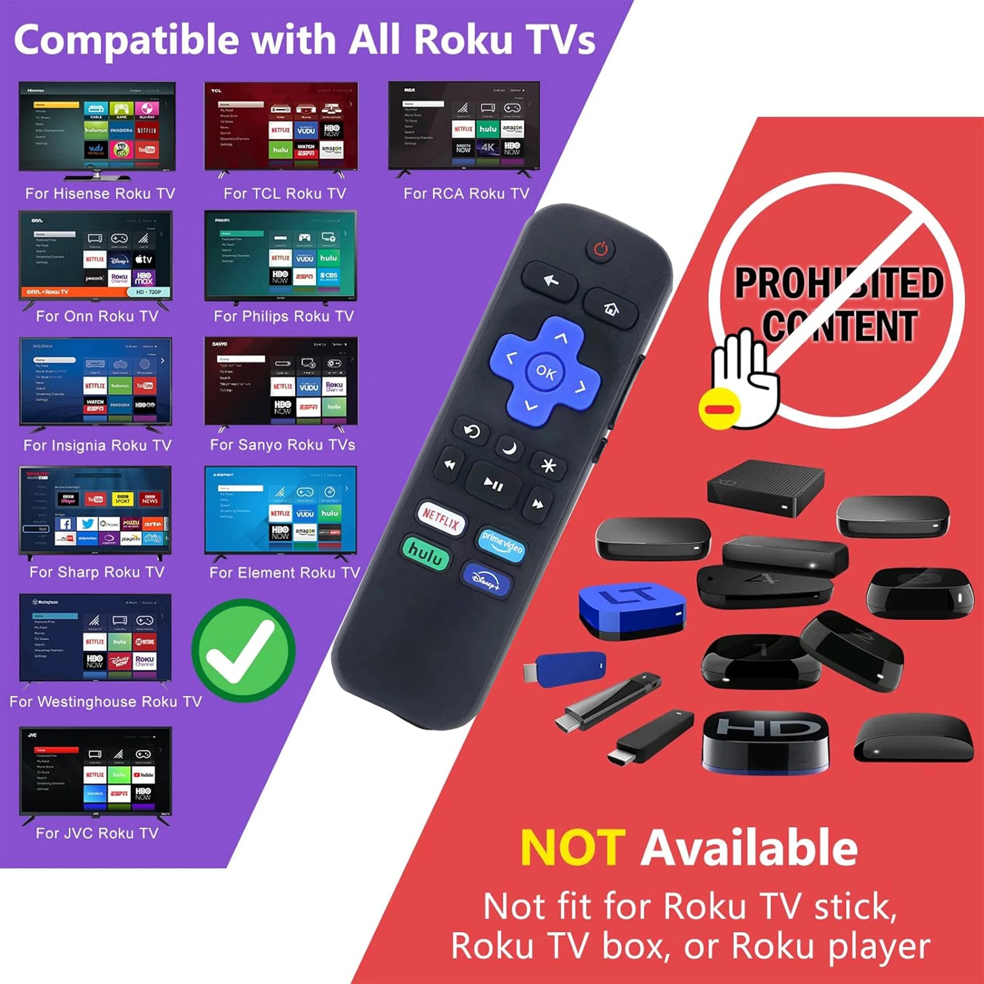 Replacement Remote Control Fit for All Roku TV, Compatible for TCL Roku/Hisense Roku/Onn Roku/Aparatos/Insignia Roku/HITACHI