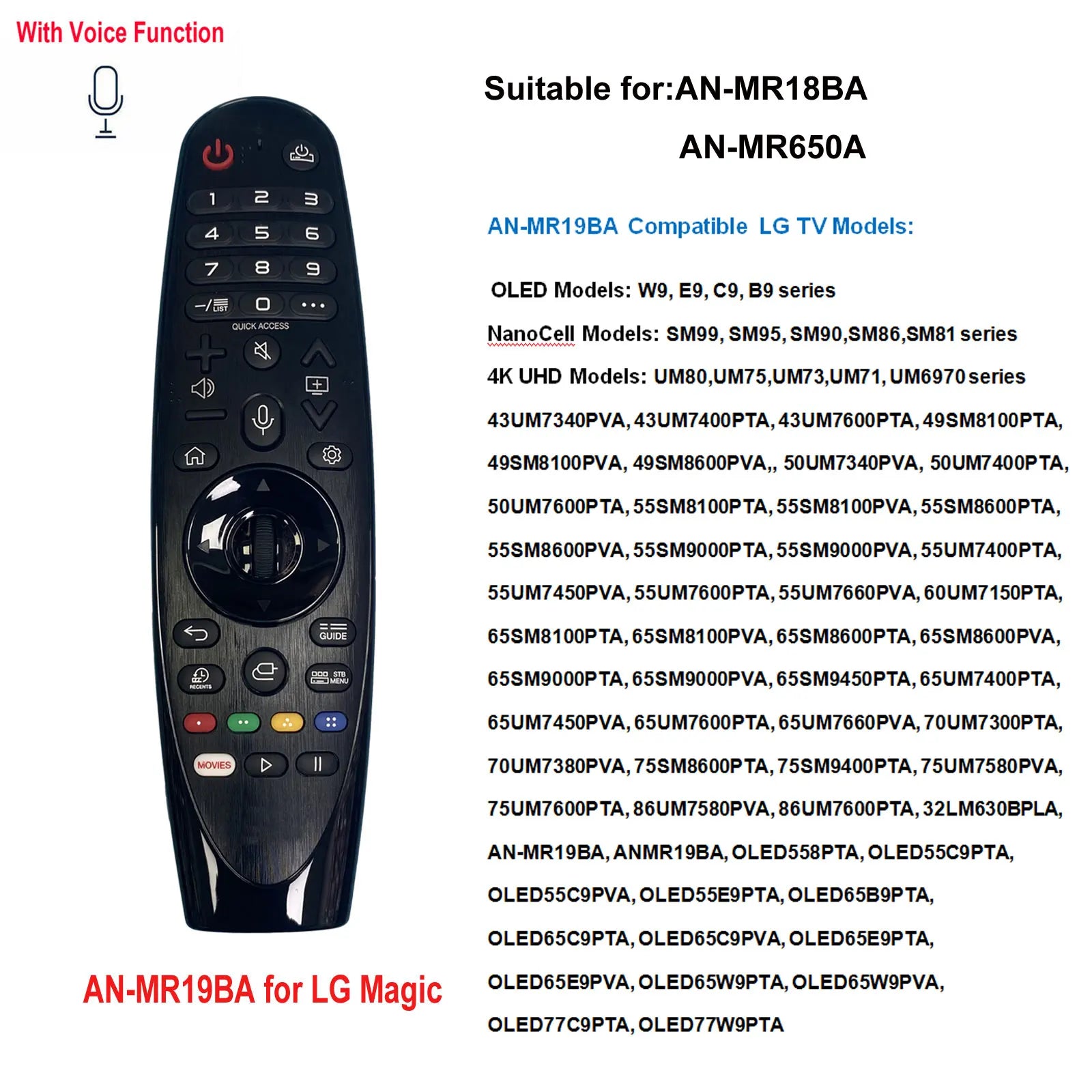 Voice Magic TV Remote Control Replacement for LG Smart TVs - Compatible with Models: AN-MR18BA, AN-MR19BA, MR20GA, AN-MR600, AN-MR650A