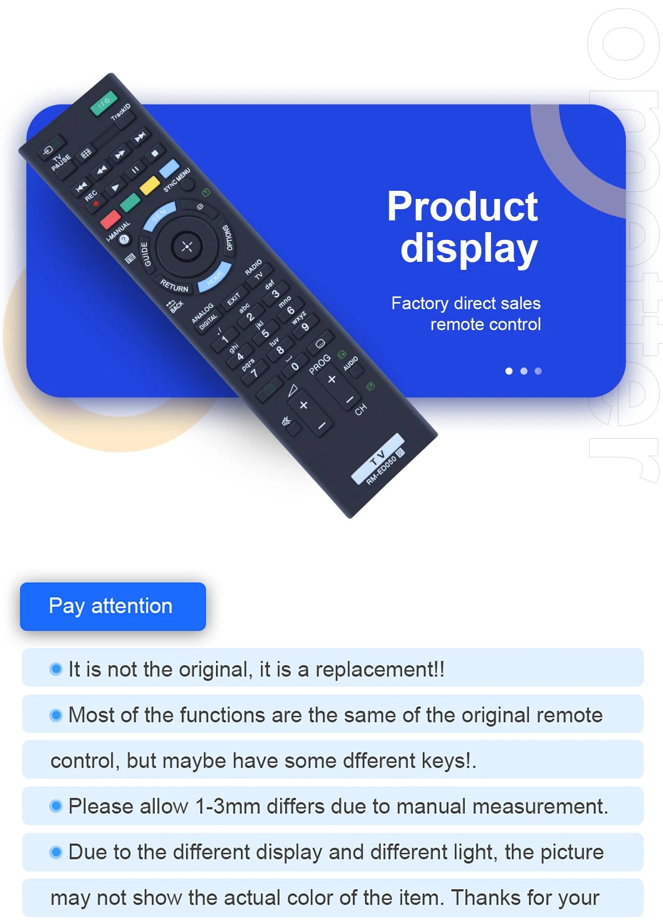 RM-ED050 Replacement Remote Control for Sony TV KDL-46EX650, KDL-40EX650, KDL-32EX650, KDL-46EX655, KDL-40EX655, KDL-32EX655, KDL-26EX550