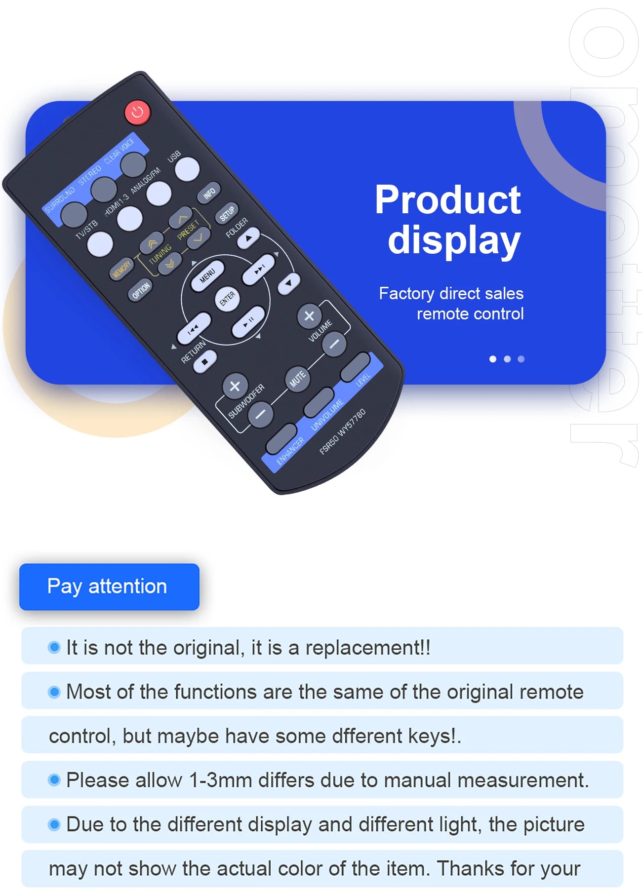 FSR50 WY57780 Remote Control Applicable for Yamaha Soundbar YHT-S401 YHT-S401BL SR-301 NS-BR301 YHTS401 YHTS401BL SR301 NSBR301